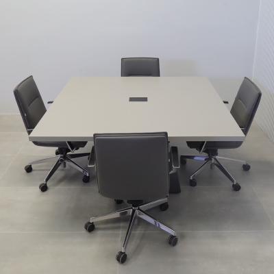 60-inch California X2 Round Conference Table With Laminate Top in fog gray matte laminate, black traceless laminate pedestal, black stainless steel base, and black MX2 power box.