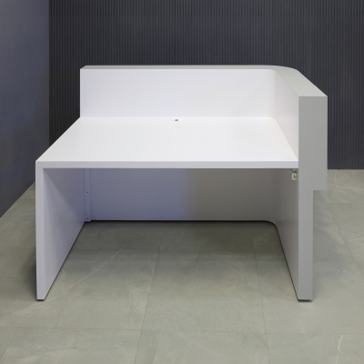 60-inch Nola L-Shape Curved Custom Reception Desk in folkstone gray matte laminate counter, white matte tambour fornt desk and white matte laminate workspace, with white LED, shown here.