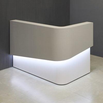 60-inch Nola L-Shape Curved Custom Reception Desk in folkstone gray matte laminate counter, white matte tambour fornt desk and white matte laminate workspace, with white LED, shown here.