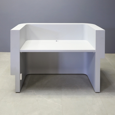 60-inch Nola Curved Reception Desk in folkstone gray matte laminate counter & inside desk, white tambour outside desk, and warm white LED.