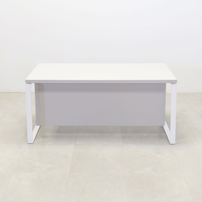 60-inch Aspen Straight Executive Desk with Laminate Top and privacy panel in folkstone gray matte laminate, and white metal legs.