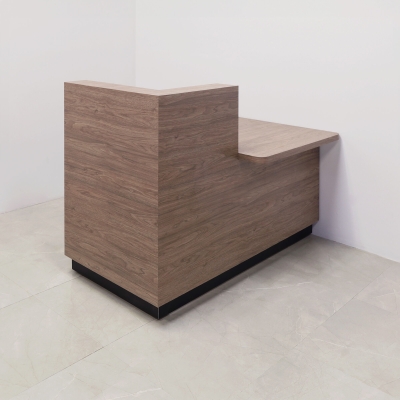 60-inch Dallas ADA Compliant Counter Custom Reception Desk, l-shape counter & desk on the left side when facing front in hazel walnut matte laminate & workspace, and black traceless laminate toe-kick.
