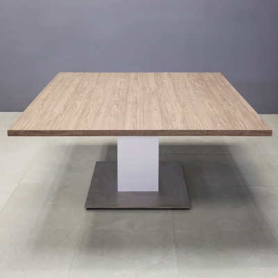 60-inch California X2 Round Conference Table With Laminate Top in hazel walnut matte laminate, dover off-white matte laminate pedestal, and silver stainless steel base.