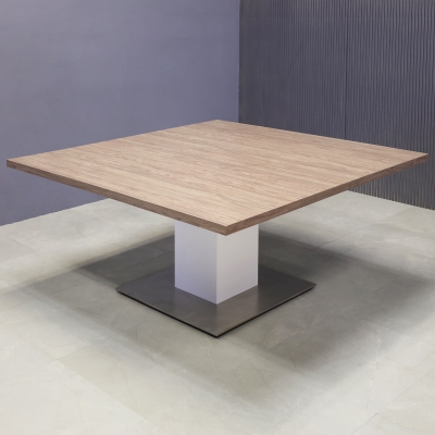 60-inch California X2 Round Conference Table With Laminate Top in hazel walnut matte laminate, dover off-white matte laminate pedestal, and silver stainless steel base.