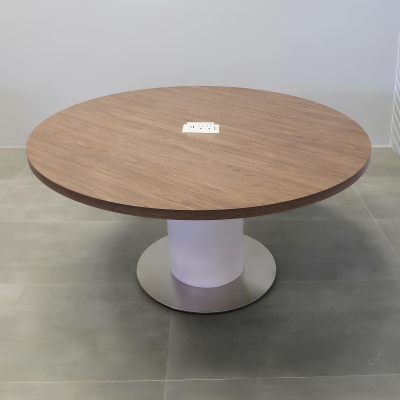 60-inch California X2 Round Conference Table With Laminate Top in hazel walnut matte laminate, white matte laminate pedestal, silver stainless steel base, and white MX2 power box.