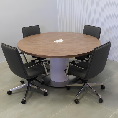 60-inch California X2 Round Conference Table With Laminate Top in hazel walnut matte laminate, white matte laminate pedestal, silver stainless steel base, and white MX2 power box.