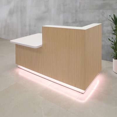 60-inch Dallas ADA Compliant Counter Custom Reception Desk, l-shape counter & desk on the right side when facing front in maple tambour, white matte laminate workspace, brushed aluminum toe-kick, and warm white LED.