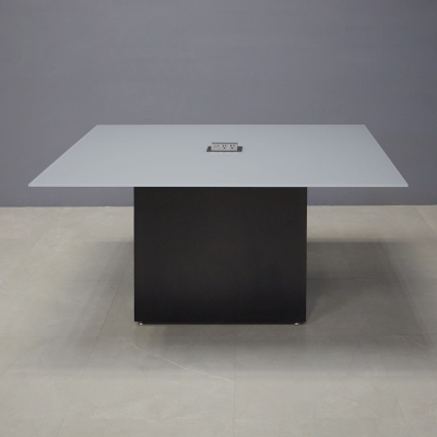 60-inch Omaha Rectangular Conference Table In 1/2-inch medium gray tempered glass top, black matte laminate base, and one black MX2 power box.