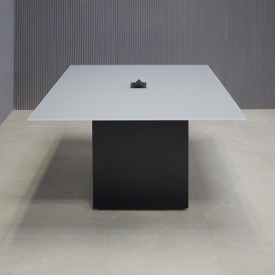 60-inch Omaha Rectangular Conference Table In 1/2-inch medium gray tempered glass top, black matte laminate base, and one black MX2 power box.