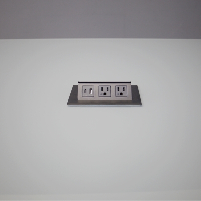 60-inch Omaha Rectangular Conference Table In 1/2-inch medium gray tempered glass top, black matte laminate base, and one black MX2 power box.