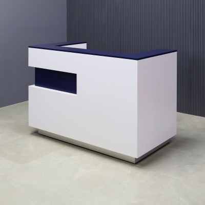 60-inch Manhattan U-Shape Custom Reception Desk in navy blue matte accent panel & top counter, white matte laminate main desk, and brushed aluminum toe-kick, shown here.