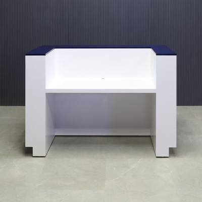 60-inch Manhattan U-Shape Custom Reception Desk in navy blue matte accent panel & top counter, white matte laminate main desk, and brushed aluminum toe-kick, shown here.