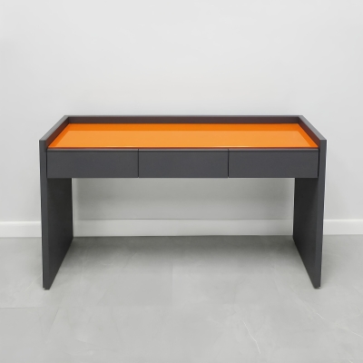 60-inch Avenue Console Table in 1/2-inch orange tempered glass top, and gray laminate console.