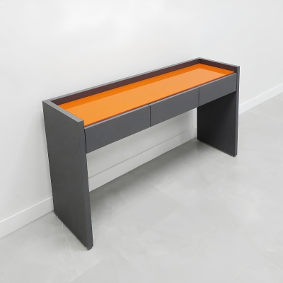 60-inch Avenue Console Table in 1/2-inch orange tempered glass top, and gray laminate console.