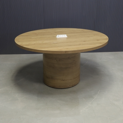 60-inch Newton Round Conference Table in planked urban oak matte laminate top & base, and white power box.