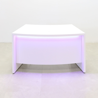 60-inch Seattle Curved Executive Desk in white matte laminate main desk & front panel, with color LED, shown here.