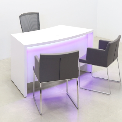 60-inch Seattle Curved Executive Desk in white matte laminate main desk & front panel, with color LED, shown here.