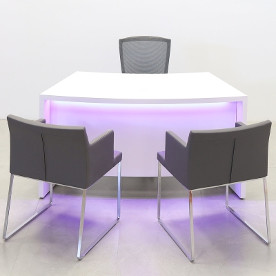 60-inch Seattle Curved Executive Desk in white matte laminate main desk & front panel, with color LED, shown here.