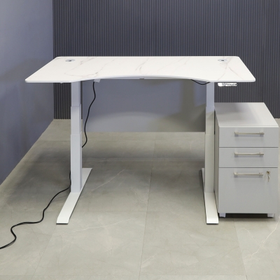 60-inch aXis Sit-stand Executive Desk in 1/2-inch solenne marble engineered surface top, folkstone matte laminate privacy panel and white metal base finish.