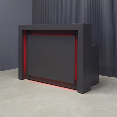 60-inch New York Straight Shape Custom Reception Desk in storm gray matte laminate main desk, front panel, and accent recessed, with multi-colored LED, shown here.