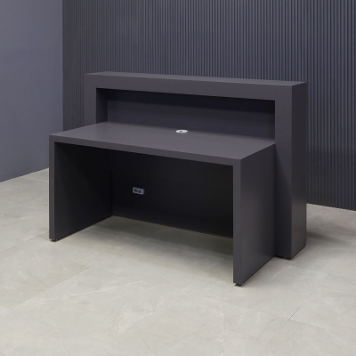 60-inch New York Straight Shape Custom Reception Desk in storm gray matte laminate main desk, front panel, and accent recessed, with multi-colored LED, shown here.