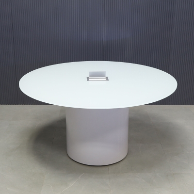 60-inch Omaha Round Conference Table in 1/2-inch white tempered glass top and white gloss laminate base, with silver MX3 power box.