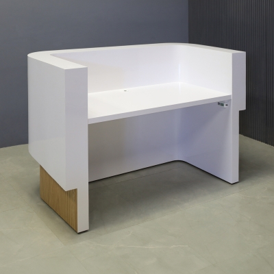 60-inch Nola Curved Custom Reception Desk in white matte laminate counter & inside desk, white oak tambour front desk, and warm white LED.