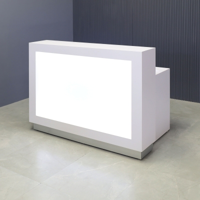 60-inch Vegas Custom Reception Desk in white gloss laminate counter and desk, with white LED, shown here.