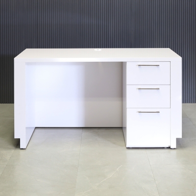 60-inch Houston Retail Custom Reception Desk in white gloss laminate main desk and brushed aluminum toe-kick. Built-in storage on the right side when sitting.