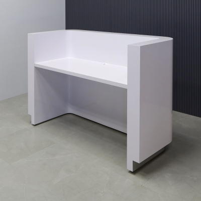 60-inch Nola Reception Desk in white gloss laminate main desk, brushed aluminum toe-kick, and color changing LED.