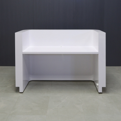 60-inch Nola Reception Desk in white gloss laminate main desk, brushed aluminum toe-kick, and color changing LED.