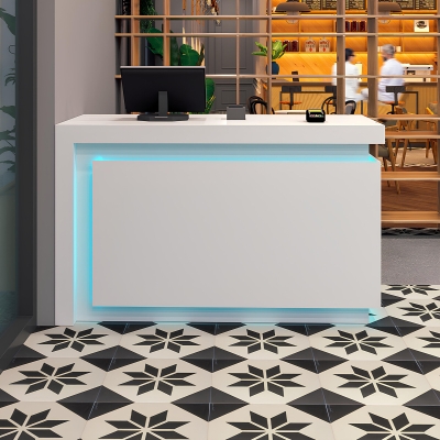 60-inch New York L-Shape Retail Custom Reception Desk in white gloss laminate desk, and color changing LED.