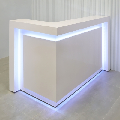 60-inch New York L-Shape Reception Desk in white gloss laminate main desk, front panel, and accent recessed, with color changing LED.
