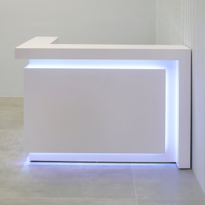 60-inch New York L-Shape Reception Desk in white gloss laminate main desk, front panel, and accent recessed, with color changing LED.