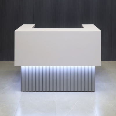60-inch San Francisco U-Shape Custom Reception Desk in white matte laminate counter, fog gray matte laminate desk and fog gray matte tambour front desk, shown here.