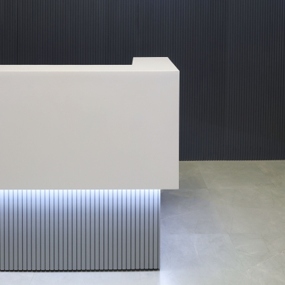60-inch San Francisco U-Shape Custom Reception Desk in white matte laminate counter, fog gray matte laminate desk and fog gray matte tambour front desk, shown here.