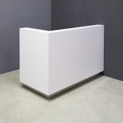 60-inch Dallas L-Shape Custom Reception Desk, left side l-panel when facing front in white matte laminate main desk and brushed aluminum toe-kick, shown here.
