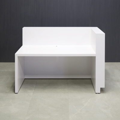 60-inch Dallas L-Shape Custom Reception Desk, left side l-panel when facing front in white matte laminate main desk and brushed aluminum toe-kick, shown here.
