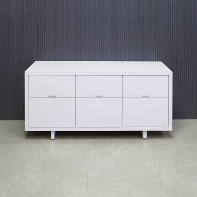 60-inch Seattle storage credenza in white gloss laminate credenza & front drawers.
