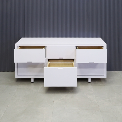 60-inch Seattle storage credenza in white gloss laminate credenza & front drawers.