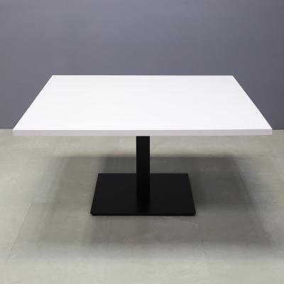 60-inch California Square Conference Table with Laminate Top in white matte and black stainless steel base.