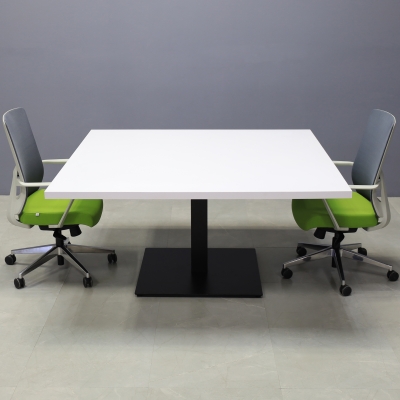 60-inch California Square Conference Table with Laminate Top in white matte and black stainless steel base.