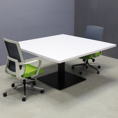 60-inch California Square Conference Table with Laminate Top in white matte and black stainless steel base.
