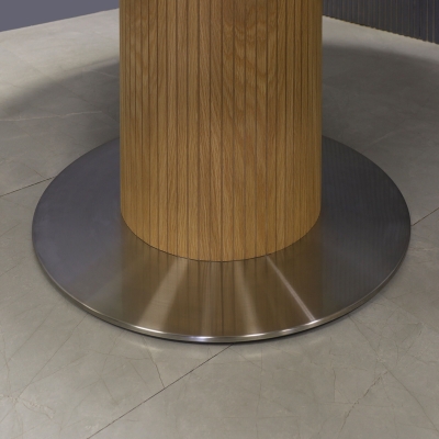 60-inch California X2 Round Conference Table With Laminate Top in white matte laminate, white oak tambour pedestal, and silver stainless steel base.