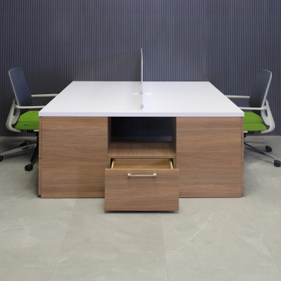 60x60-inches Dallas Workstation With Storage in white matte laminate top, uptown walnut matte laminate storages, 1/4-inch frosted acrylic partition,  and white special legs.