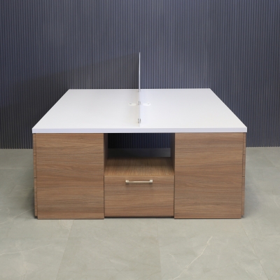 60x60-inches Dallas Workstation With Storage in white matte laminate top, uptown walnut matte laminate storages, 1/4-inch frosted acrylic partition,  and white special legs.