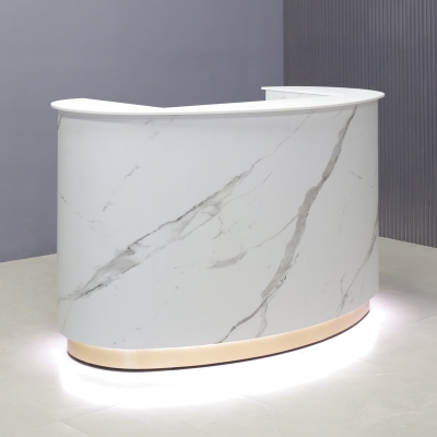 62-inch The Pill Custom Reception Desk in 1/2-inch white solid engineered surface top counter, calcutta stone PVC main desk, gold aluminum toe-kick, and warm white LED.