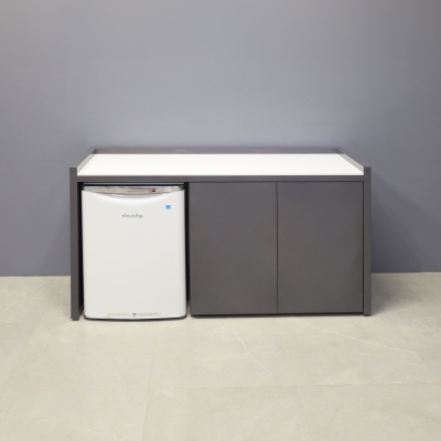 60-inch Avenue Beverage Server Station with fridge on the left side, in 1/2-inch white solid engineered surface top, and storm gray gloss laminate station & doors.