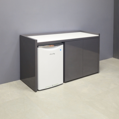 60-inch Avenue Beverage Server Station with fridge on the left side, in 1/2-inch white solid engineered surface top, and storm gray gloss laminate station & doors.