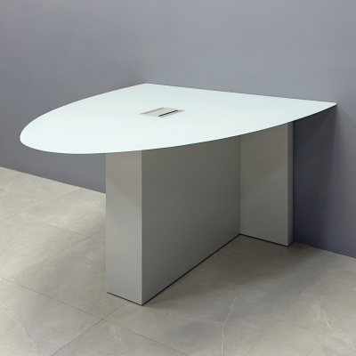 60-inch Collaboration Table in 1/2-inch white tempered glass top, and folkstone gray matte laminate base, with silver MX3 power box.